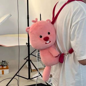 Cute Cartoon Plush Backpack Double Shoulder Bag Small Beaver Doll Toy Bag Soft Casual Style Zipper Closure No Waterproof