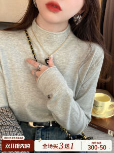 Gray Base Layer Shirt Womens 2025 New Inner Match Half High Collar Long Sleeve Knitted Sweater Top High-End Feel Fleece Lined