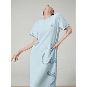 XIAODADEHUA | Blue Stylish Printed Short Sleeve Loose Irregular Hem T Dress