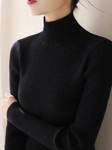 เสื้อสเวตเตอร์ถักคอปกสูงแบบหนาสำหรับผู้หญิงในฤดูใบไม้ร่วงและฤดูหนาว เสื้อชั้นในทรงเข้ารูปแบบพิเศษสีดำ สไตล์เกาหลี แขนยาว ปกติ