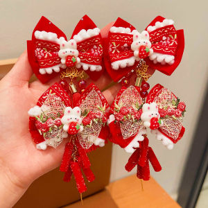 New Year Childrens Hair Accessories Red Butterfly Knot Plush Tassel Hair Clips Girls Festive Celebration Hair Decorations