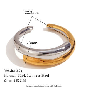 Double Layered Double Color Staggered Open Bangle Waterproof 18K Gold Plated Jewelry Silver Color Stainless Steel Womens Ring