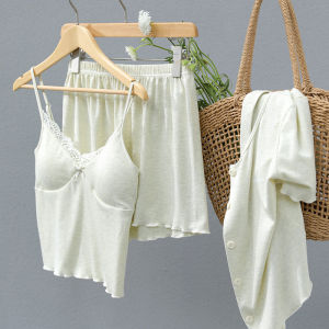 MiiOW | ชุดนอนผ้าไหมน้ำแข็งสามชิ้นสำหรับผู้หญิง ชุดนอนฤดูร้อน พร้อมแผ่นเสริมหน้าอก ชุดอยู่บ้าน สไตล์หวานๆ ของ MiiOW Cat Lady 2025