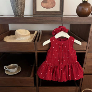 ชุดเจ้าหญิงสไตล์เกาหลีสีแดงสำหรับเด็กผู้หญิงวัยหนึ่งปี ชุดราตรีฤดูใบไม้ร่วงคอวีแขนกุดเอวสูง