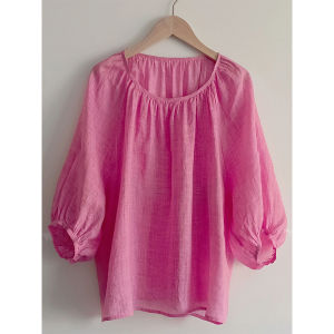 Pink Bubble Sleeve Shirt Womens Casual Doll Top Trendy Summer Fashion Silk Material Seven Sleeve Length Regular Style
