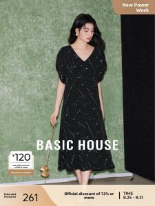 Elegant French Print Short Sleeve Dress V-Neck Little Black Dress Summer New Arrival H-Style Mid-Length A-Line Skirt Cotton Blend