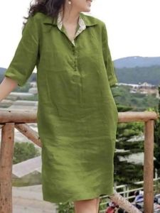 ชุดเดรสทรงหลวมสีพื้นพร้อมเข็มขัดปิดกระดุม แขนยาว กระโปรงทรงเอ คอวี ทรงหลวม สไตล์สตรีท ฤดูใบไม้ผลิและฤดูร้อน