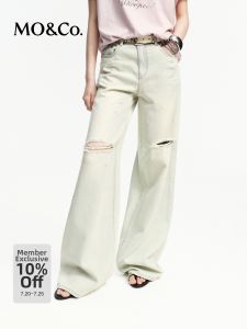 MO&Co. | Distressed Blue White Vintage Rhinestoned Ripped High-waist Flare Jeans