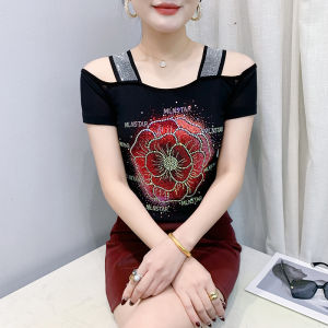 Yimei 2025 Mùa Hè Mới hai lớp lụa băng Lưới Áo phông tay ngắn Thời Trang Ngành Công Nghiệp Nặng Bộ đính đá Top Hở Vai bờ lưng xinh đẹp áo nhỏ Phụ Nữ Của Hợp Thời Trang