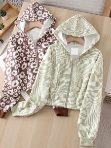 Fall 2025 Womens Loose Casual Fashionable Print Hooded Zipper Short Open Cardigan Sweatshirt Top Outerwear
