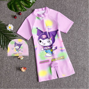 Kuromi Kuromi Girls One-Piece Swimming Suit Childrens Swimming Trunks Womens Swimming Cap Swimming Goggles Short Sleeve Children Swimsuit