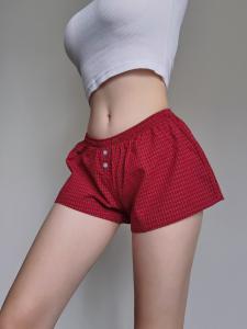 Summer Casual Wide Leg Short Pants Womens Red Plaid Elastic Waist Home Comfortable Shorts Beach Loose Fit Regular Thickness