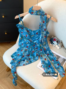 Áo Ba Lỗ Không Tay Cổ Treo Họa Tiết Hoa Xanh Đẹp Không Đều Áo Vest Nữ Mùa Thu Phong Cách Du Lịch Pure Desire Áo Không Tay