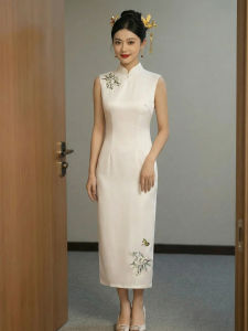 Vintage Fitted Sleeveless Breathable Mandarin Collar White Floral Embroidered Dress