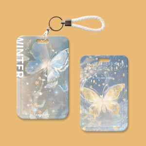 Colorful Butterfly Pattern ID Card Holder Bus Card Access Card Protective Sleeve Lanyard Keychain for School Pick-up Work