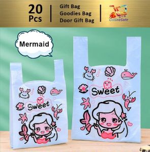 Gift Bag 20pcs Goodies Bag Door Gift Birthday Wedding Party (86) Sweet Mermaid Light Blue Plastic Bag Vest Tote snack Plastic Beg For Student礼物袋礼品袋购物袋