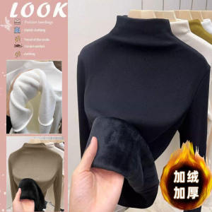 เสื้อเชิ้ตคอสูงครึ่งตัวผ้าขนกระต่ายเงินหนา เสื้อเชิ้ตแขนยาวทรงสลิมฟิตสำหรับผู้หญิงในฤดูใบไม้ร่วงและฤดูหนาว ทรงหลวม สไตล์เกาหลี