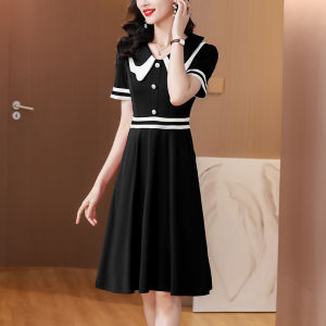 MAIMEI | Elegant French Hepburn Style Slimming Elastic Dress Womens Summer New High Waist A-Line Short Sleeve Black Dress