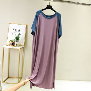 Womens Summer Modal Sleep Dress with Chest Pad One-Piece Wireless Bra Short Sleeve Thin Nightgown Home Clothes Dress
