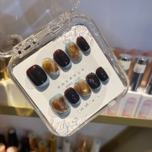 Handmade Short French Nail Patches Pure Amber Blue Color Wearable Nails Autumn Winter White Cat Eye Beauty Nail Stickers