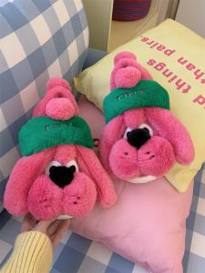 Thin Strip Rose Red Dog Full Heel Wrap Fluffy Shoes Bedroom Warm Non-Slip Womens Winter Fun Cotton Slippers