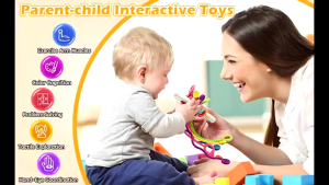 Montessori Activity Baby Toys Development Silicone Pull String Sensory Toys for 6-12 Months Boys & Girls with 6 Ropes & Pop Fidget Play