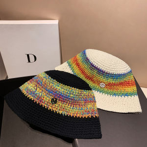Rainbow Gradient Knitted Fisherman Hat Womens Small Hollow out Casual Sunshade Cap Spring Autumn Winter round Top Short Brim