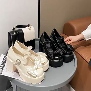 ใหม่ร้อนขายรองเท้าแมรี่เจนรองเท้าส้นสูงหนา รองเท้าหนังขนาดเล็กของผู้หญิงย้อนยุคฝรั่งเศส สวมใส่สบายและโชว์ขายาว