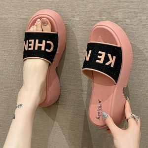 Fashionable Letter Rhinestone Sandals Womens Summer Popular Outdoor Thick Bottom Heightening Anti-slip Beach Slippers