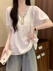 WANGGONGZHU | Princess Style Korean Loose Fit Cotton Linen Short Sleeve V-Neck Embroidery Heavy Work Womens Shirt Slimming Design Summer 2025