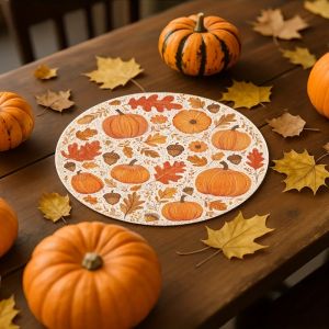 แผ่นรองจานวิคามา 4 ชิ้น ลายฮาโลวีน ฤดูใบไม้ร่วงแบบอเมริกัน ลายฟักทองและลูกโอ๊ก สำหรับตกแต่งโต๊ะอาหารในงานเลี้ยงครอบครัว