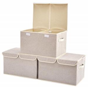 Foldable Double-Lid Silver Gray Linen Fabric Storage Box