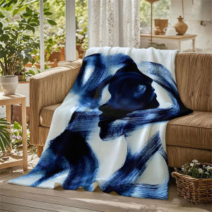 BILIBILI | Ink Brush Face Abstract Blue Flannel Blanket Perfect for Sofa Office Bed Travel Sleep Read Relax Camping Four Season Use