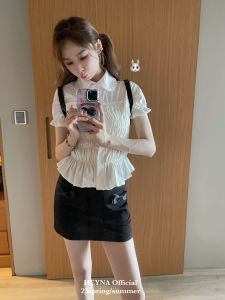 Heyna Official Original Lace Trim Short Sleeve Shirt Sweetheart Doll Style French Style Pure Color Slim Fit Cotton Womens Blouse