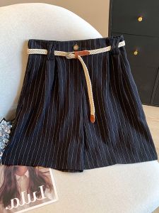 กางเกงขาสั้นผ้ายืดลายทางเอวสูงผ้าฝ้ายลินินสำหรับผู้หญิงในช่วงฤดูร้อน กางเกงขายาวทรงหลวมสบาย ๆ สำหรับผู้หญิง