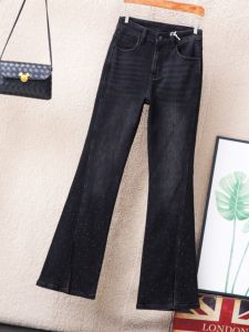 High Waist Black Slit Bell Bottom Denim Jeans Womens Slimming Heavy Duty Rhinestone Long Pants Autumn New Arrival