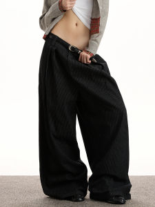 VATTY American Retro Stripe Pleated Casual Pants Women Loose Wide Leg Straight Commute Versatile Cotton Blend Iron Free