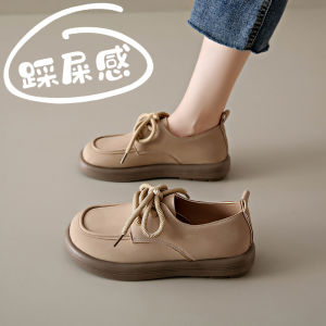 Womens Soft Bottom Genuine Leather Slip-On Shoes Comfortable Flat Sport Single Shoes Casual round Toe mid Heel Rubber Outsole