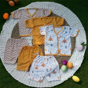 6 Pcs / 3 Set Baju Bayi Celana Bayi Pendek Bayi Newborn Seri Mustard Motif Arista Baby Terbaru