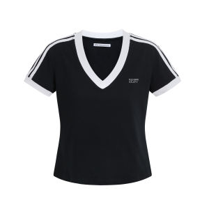 Passway Studio V-Neck Splice Color Bar Short Sleeve T-Shirt Men Women Summer New Casual Slimming Top Polyester Fiber American Casual Style Pure Color