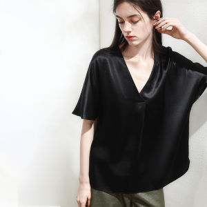 Miccbeirn | Silk V-neck Short Sleeve T-shirt Casual Summer Commute Simple Elegant Versatile Lightweight Leisure Silk Satin Womens Top
