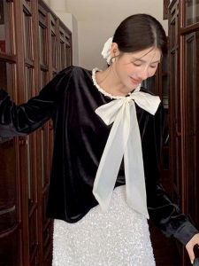 เสื้อเชิ้ตผ้ากำมะหยี่สไตล์ฝรั่งเศสย้อนยุคสไตล์นุ่มๆ คอตั้ง ปมผีเสื้อ หลวมๆ สง่างาม เสื้อเชิ้ตผู้หญิงฤดูใบไม้ผลิและฤดูใบไม้ร่วง