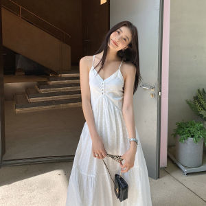 Summer Vacation Style Strap Dress Womens Lazy Beach Holiday Gown French Elegance Goodbye Bear Cotton V-neck Sleeveless Dress