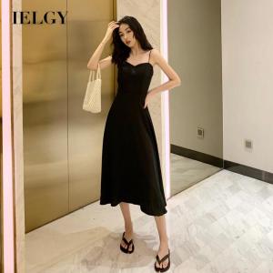 IELGY Womens dress suspenders fashion casual type A Korean version all-match mid-length black dress