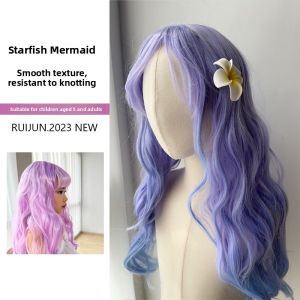 Blue Gradient Mermaid Wig Headset Childrens Cosplay Princess Shooting Props Sweet Daily Long Curling Hair Fake Hair
