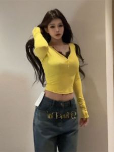 BINKAFENNY | Pure Desire Yellow Splice V-neck Lace Shirt Women Summer 2025 New Design Sensual Short Style Korean Version Long Sleeve Top