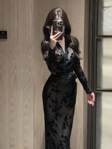 Elegant Black Long Sleeve V-neck Dress Womens Tight Waist Midi Skirt Autumn High Waist Bandage Dress Ladylike Feel Wrap Dress