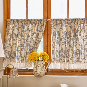 Rustic Floral Lace Curtain Short Half Door Curtain Balcony Semi-Obstructing Curtain Bedroom Indoor Sunshade Curtain