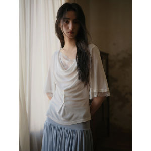 French Style Ruffled Lace Patchwork Mid-Sleeve T-Shirt