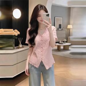 Pink V-Neck Short Sleeve Summer Slim Fit High-Texture T-Shirt Women Plus Size